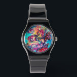 Small Elf of Mushrooms / Pink Gemstones Watch<br><div class="desc">Whimsical , colourful , vibrant enchanted fairy woods in the moon light .Acrylic -watercolor painting  with gold sparkles, golden foil and iridescent colours</div>