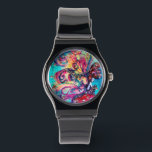 Small Elf of Mushrooms / Pink Gemstones Watch<br><div class="desc">Whimsical , colourful , vibrant enchanted fairy woods in the moon light .Acrylic -watercolor painting  with gold sparkles, golden foil and iridescent colours</div>