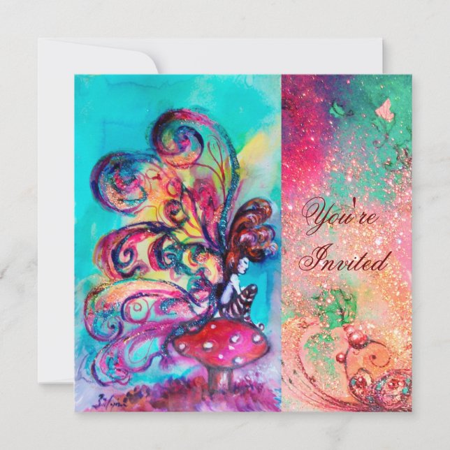 SMALL ELF OF MUSHROOMS ,pink green blue sparkle Invitation (Front)