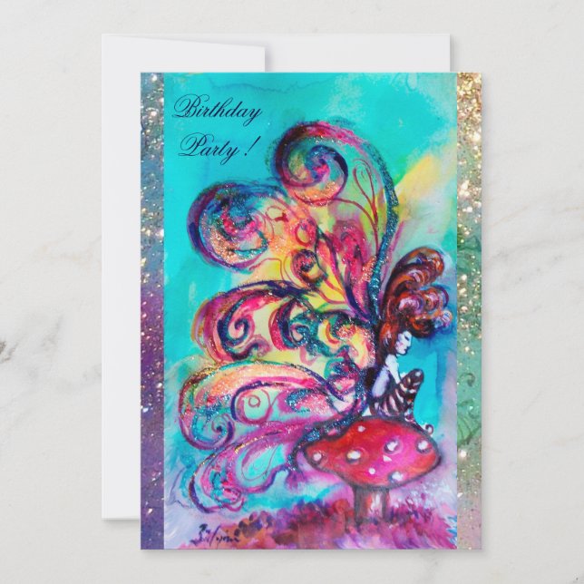 SMALL ELF OF MUSHROOMS ,pink yellow blue sparkle Announcement (Front)