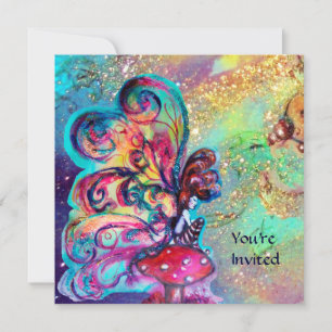 SMALL ELF OF MUSHROOMS ,pink yellow blue sparkle Invitation