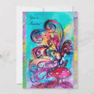 SMALL ELF OF MUSHROOMS ,purple yellow blue sparkle Invitation