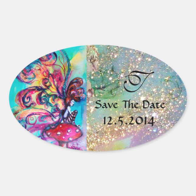 Small Elf of Mushrooms Save The Date Monogram Oval Sticker (Front)