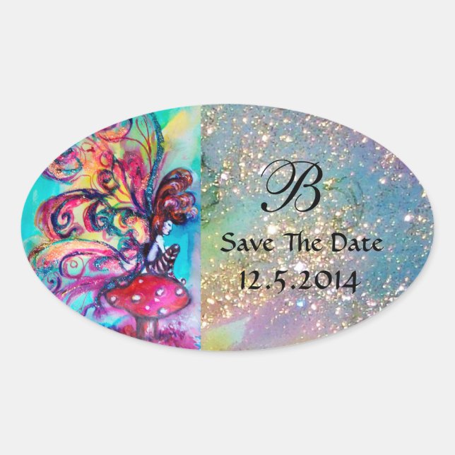 Small Elf of Mushrooms Save The Date Monogram Oval Sticker (Front)