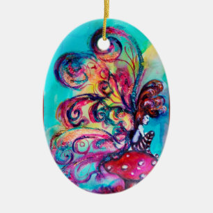 SMALL ELF OF MUSHROOMS VIBRANT RED RUBY CERAMIC TREE DECORATION