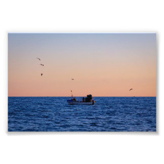 Small Fishing Boat at Sunset in Portugal Photo Print