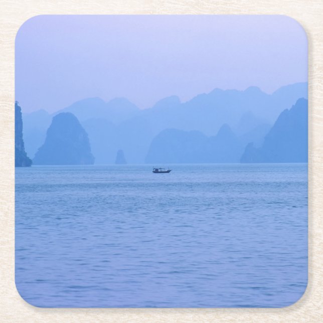 Small fishing boat in Ha Long Bay - Vietnam, Asia Square Paper Coaster (Front)