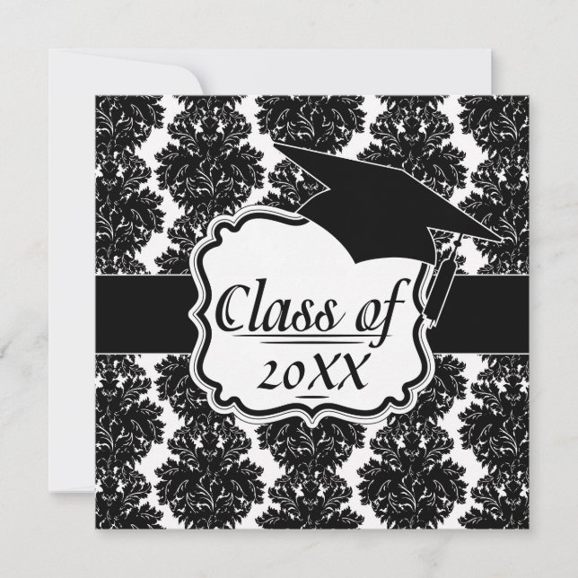 small flourish black white damask design invitation (Front)