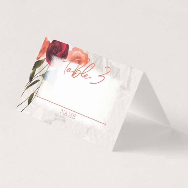 Small Folded Peach, Red Roses Folded Wedding Table Business Card (Front)