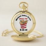 Small Fry Personalised Baby Birth French Fries Pocket Watch<br><div class="desc">Pocket watch design features an original illustration of fast food French fries,  with SMALL FRY in a red font. Simply personalise with birth information for unique baby gift.

Don't see what you're looking for? Need help with customisation? Click "contact this designer" to have something created just for you!</div>