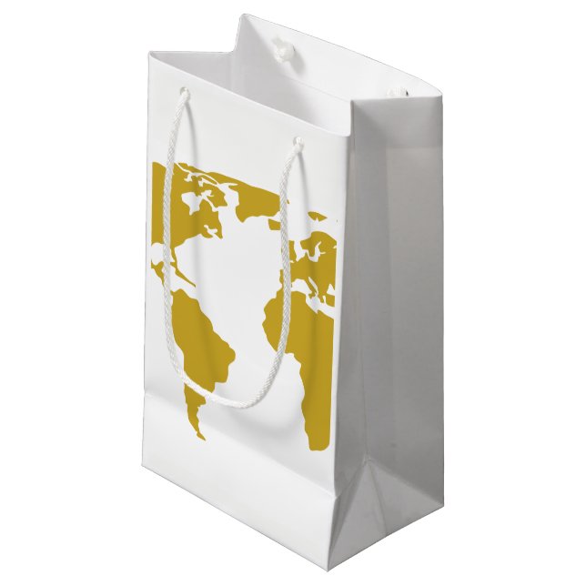 Small Gift Bag or Favour Bag - Gold World Map (Front Angled)