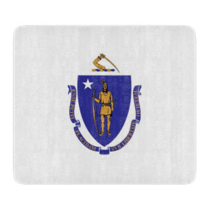 Small glass cutting board with Massachusetts flag