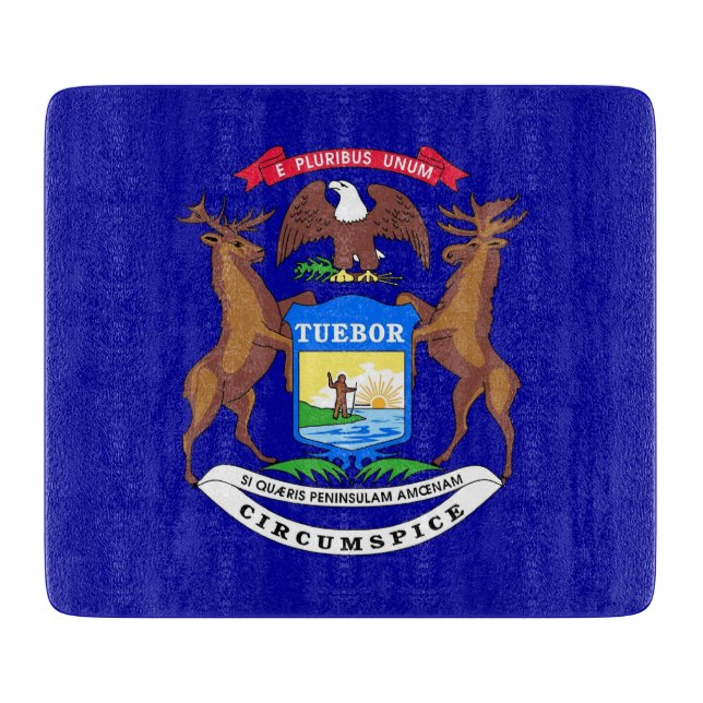 Small glass cutting board with Michigan flag (Front)