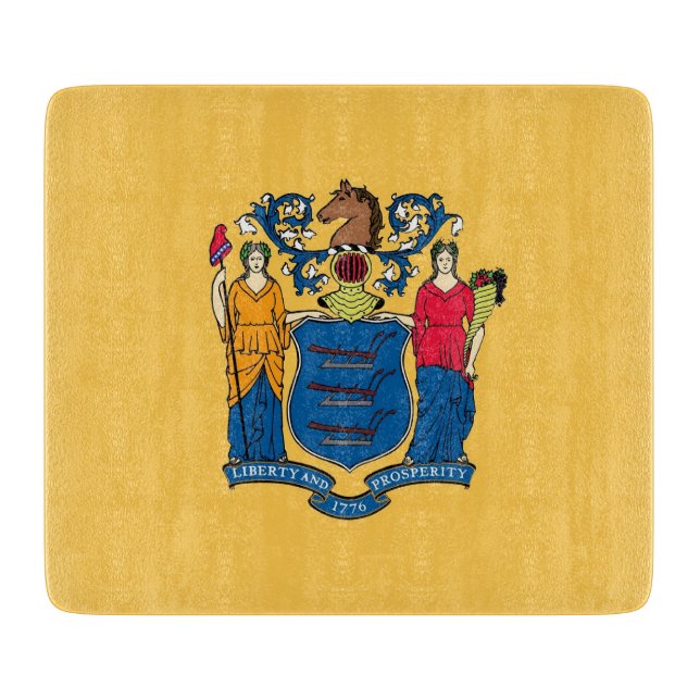 Small glass cutting board with New Jersey flag (Front)