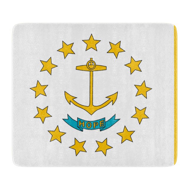 Small glass cutting board with Rhode Island flag (Front)