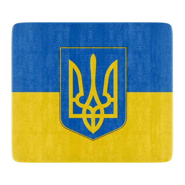 Small glass cutting board with Ukraine flag (Front)