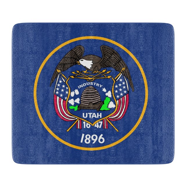 Small glass cutting board with Utah flag (Front)