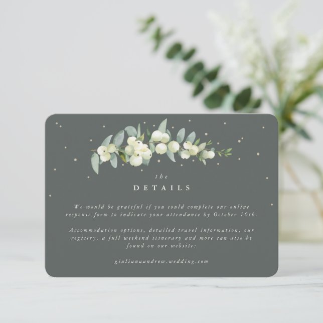 Small Green Snowberry+Eucalyptus Wedding Details Enclosure Card (Standing Front)