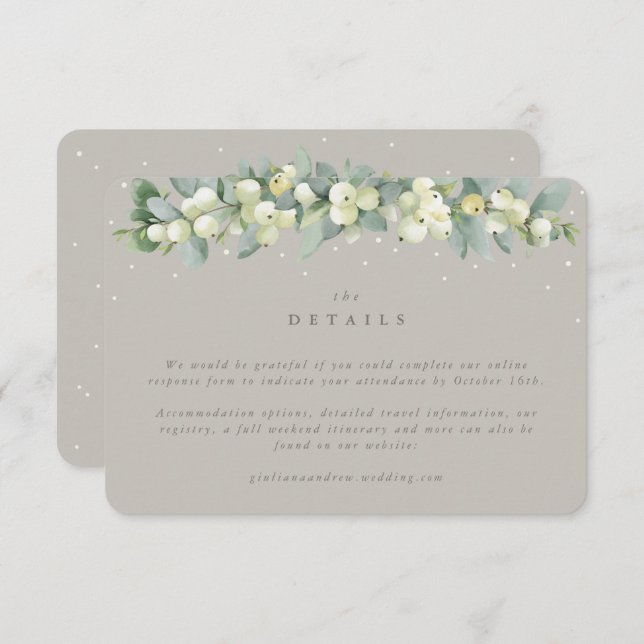Small Greige Snowberry+Eucalyptus Wedding Details Enclosure Card (Front/Back)