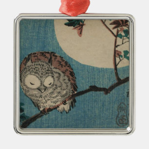 Small Horned Owl on Maple Branch under Full Moon Metal Tree Decoration