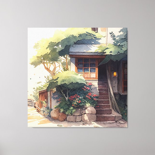 Small House Garden Water Colour Canvas Print (Front)