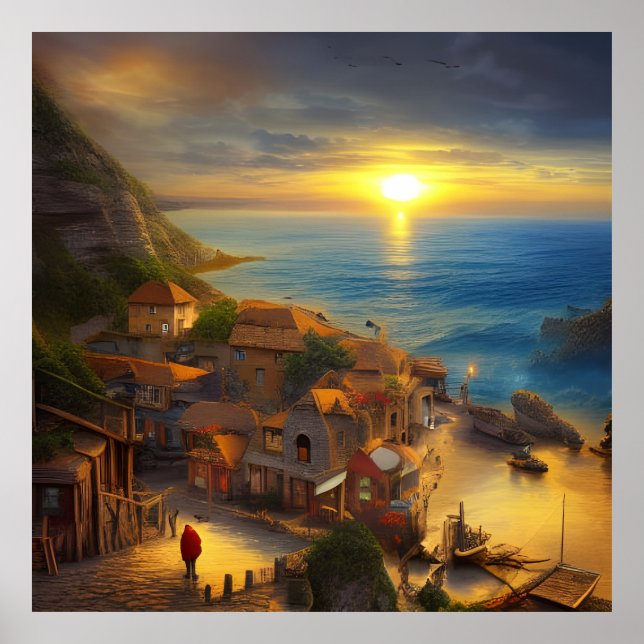 Small Houses on a cliff looking at the sea and sun Poster (Front)