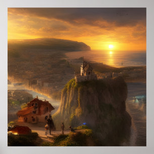 Small Houses on a cliff the sea and sun Poster