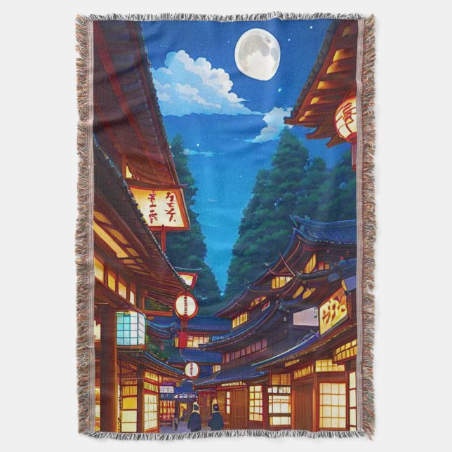 Small Japanese town street at night  Throw Blanket (Front Vertical)