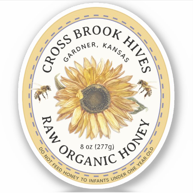 Small Jar Oval Sunflower Honey Label with Bee (Front)