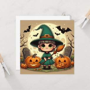 Small Kawaii witch with Hallowee pumpkins Invitation