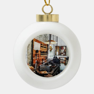 Small Lathe in Machine Shop Ceramic Ball Christmas Ornament
