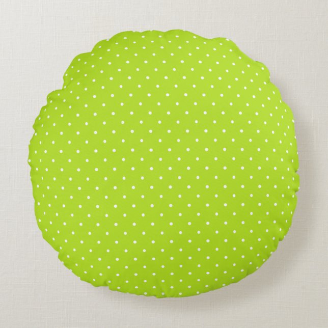 Small Lime Green and White Polka Dots Round Pillow (Front)