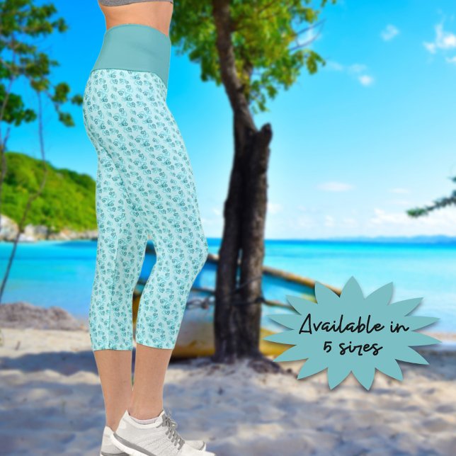 Small Linked Teal Hearts Pattern Over Pastel Green Capri Leggings (The combination green linked heart pattern on these leggings are set off by a lighter background.)