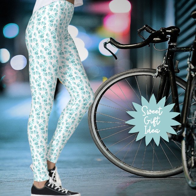 Small Linked Teal Hearts Pattern Over White Leggings (These teal linked heart pattern leggings are ready for you or as a special gift for an active woman.)