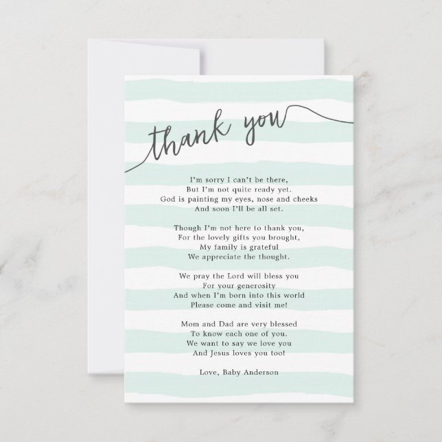 Small mint stripes neutral baby thank you card (Front)