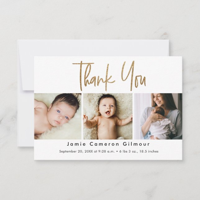 Small Modern Gold Script Custom 3 photo Baby Thank You Card (Front)