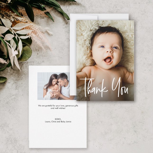 Small Modern Handlettering Baby Shower Photo Thank You Card (two custom photos baby shower small thank you card.)