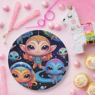 Small Multicoloured Aliens in Space Paper Plate