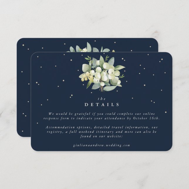 Small Navy Snowberry+Eucalyptus Wedding Details Enclosure Card (Front/Back)