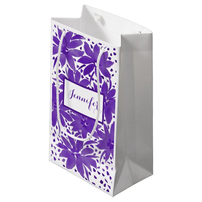 Small Personalised Floral Design  Purple Gift Bag (Front Angled)