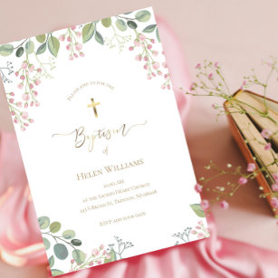 small pink flowers and greenery frame   Baptism Invitation