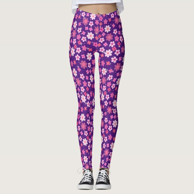 Small Pink Flowers Pattern C10 Purple BG Leggings (Front)