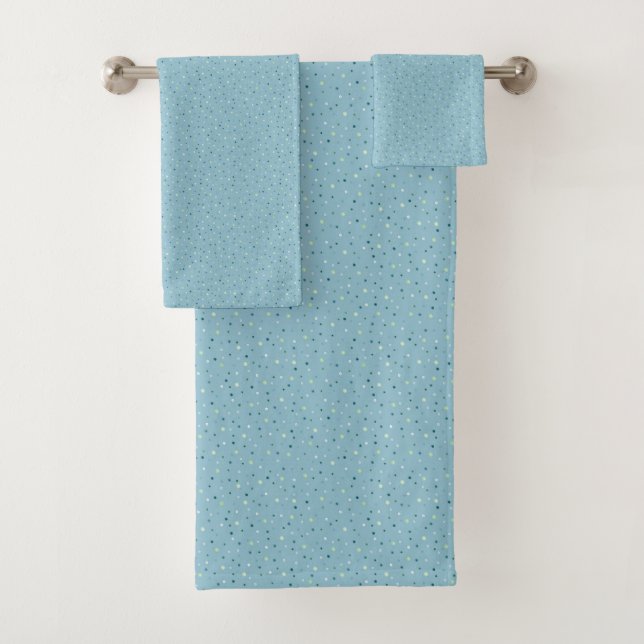 Small polka dots on light blue. bath towel set (Insitu)