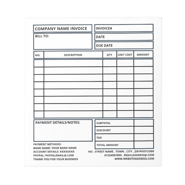 Small Professional Business Invoice/Quotation Notepad (Front)