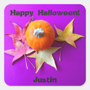Small pumpkin with fall leaves on purple square sticker
