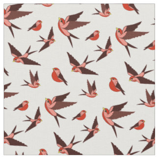 Small red bird flying, sitting, Folk art print Fabric