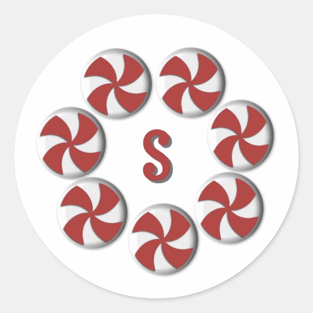 Small Red & White Peppermint Monogram Holiday Classic Round Sticker (Front)