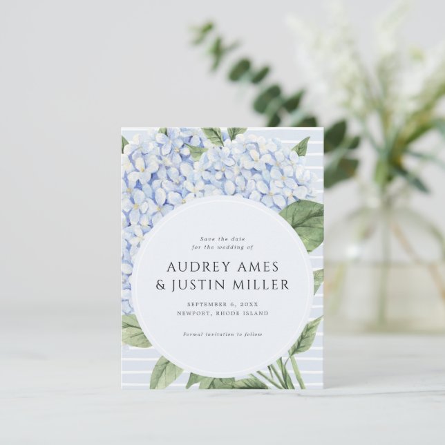 Small Save the Date Blue Hydrangea Announcement (Standing Front)