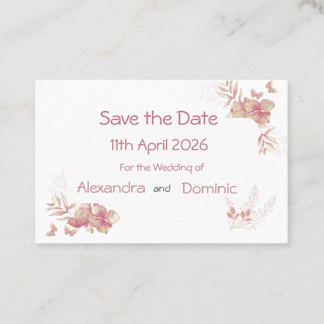 Small Save the Date card - pink Floral Butterfly  (Front)