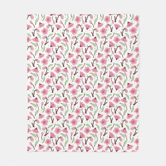 Small Scale Pink Cherry Blossom Floral Pattern Fleece Blanket (Front)